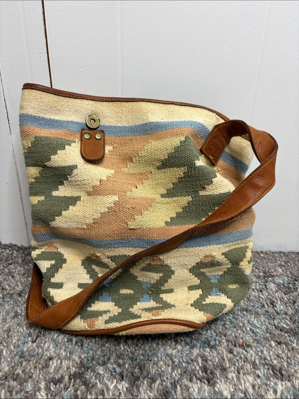 Vintage Fossil Bag Womens Boho Tapestry Fabric Crossbody Bucket Aztec Southwest